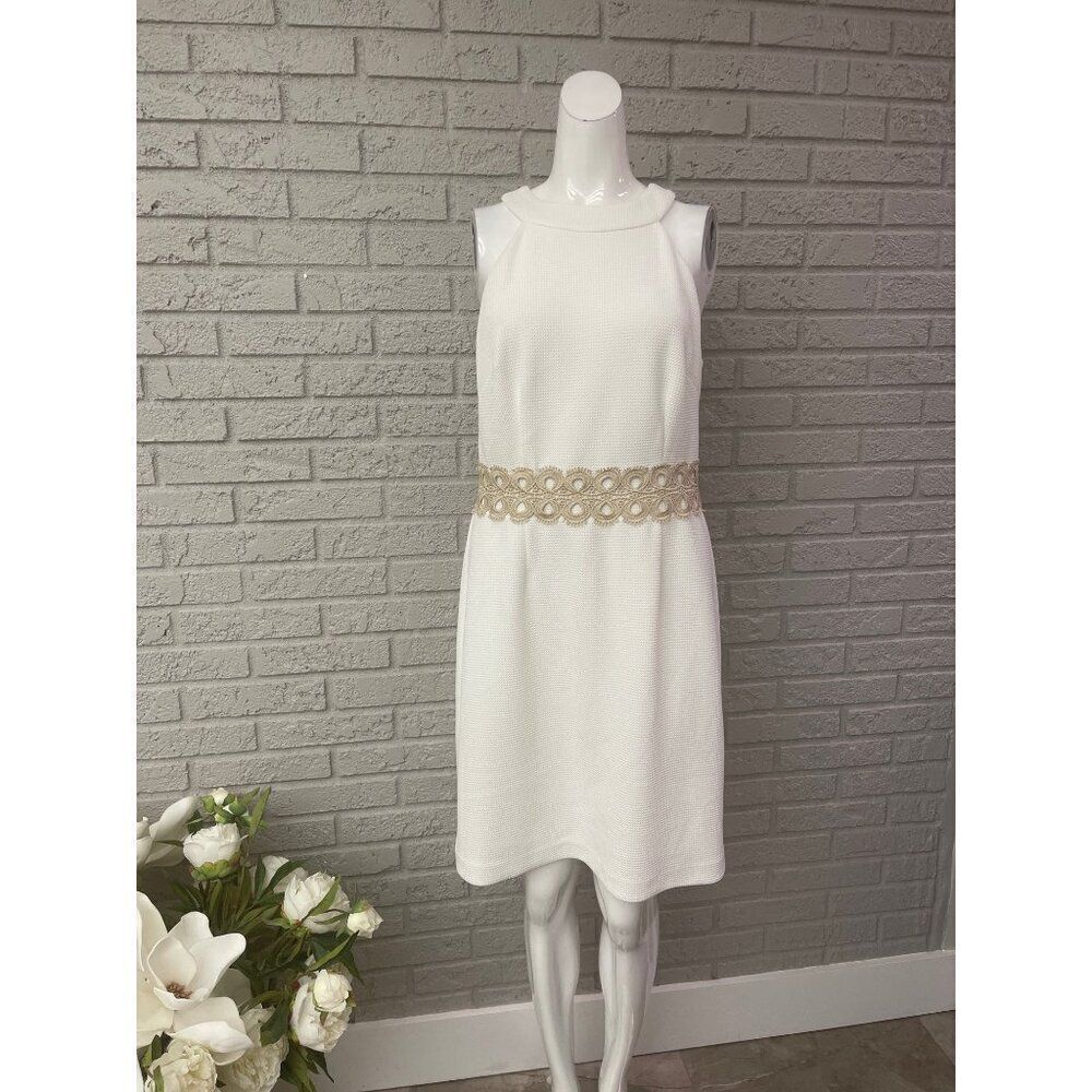 Vince Camuto Women Textured White/Gold Trim Sheath Halter Dress Size 10